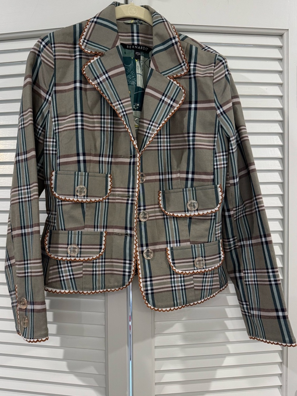 Bernardo Plaid Cropped Blazer in Taupe, Green and Cream